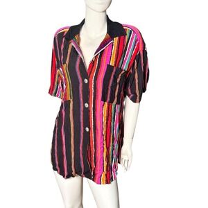 Vintage Carole Little Striped Button Down Shirt Black Multicolor Oversized L